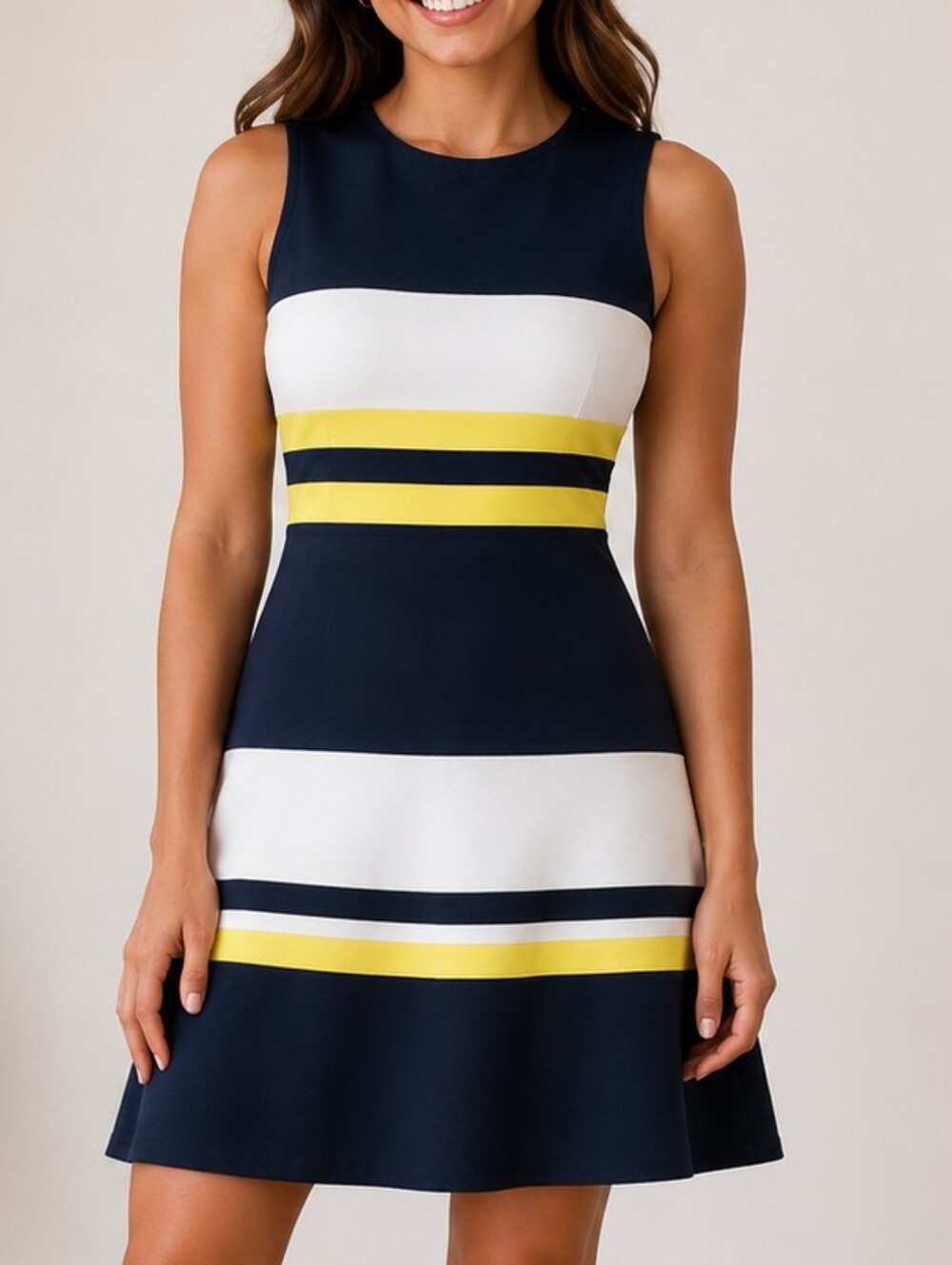 Sleeveless Navy Blue Stripe Fit & Flare Dress - Yellow & White Accents